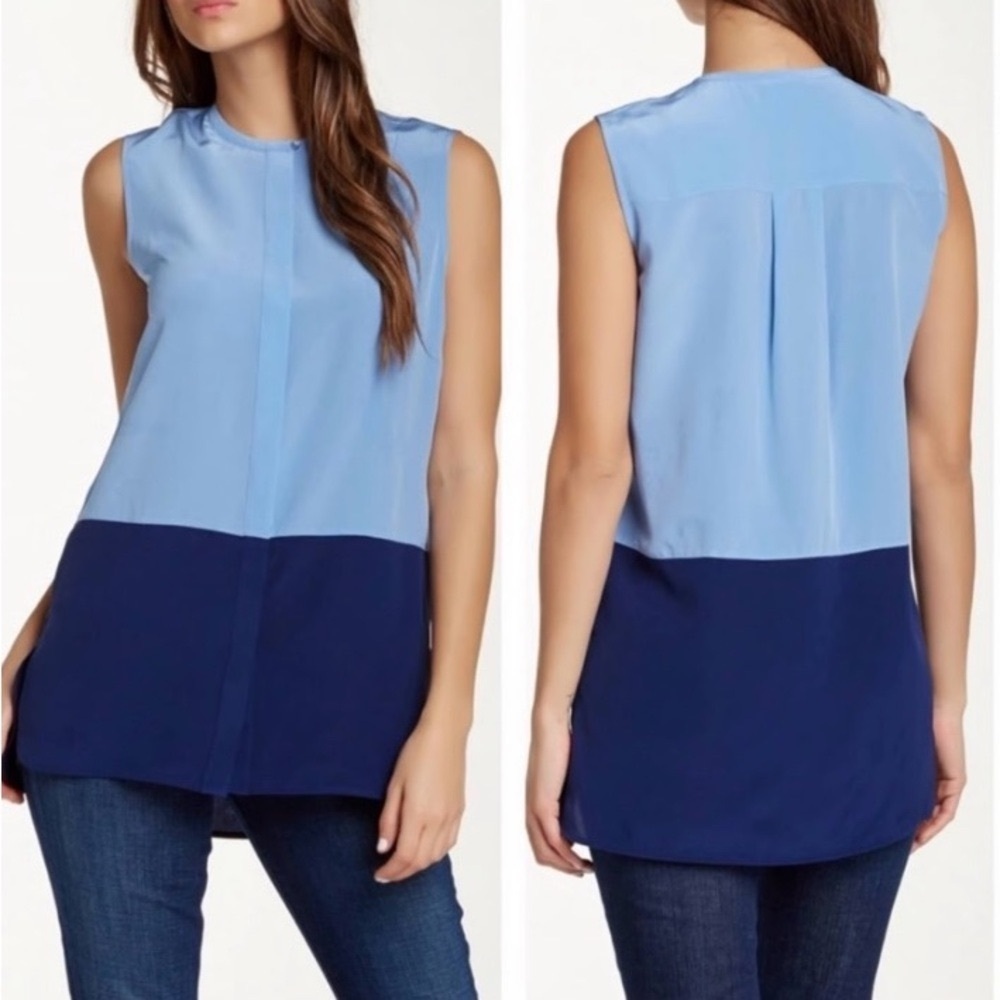 Vince Silk Colorblock Sleeveless Blouse in Blue. SP Small Petite - Picture 3 of 11